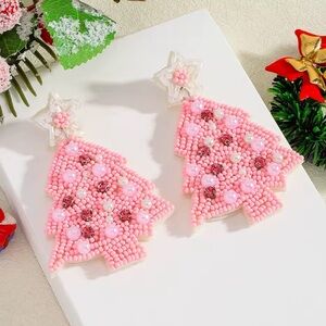 Pink Sparkle Christmas Earrings – Tree Shape Beaded Design